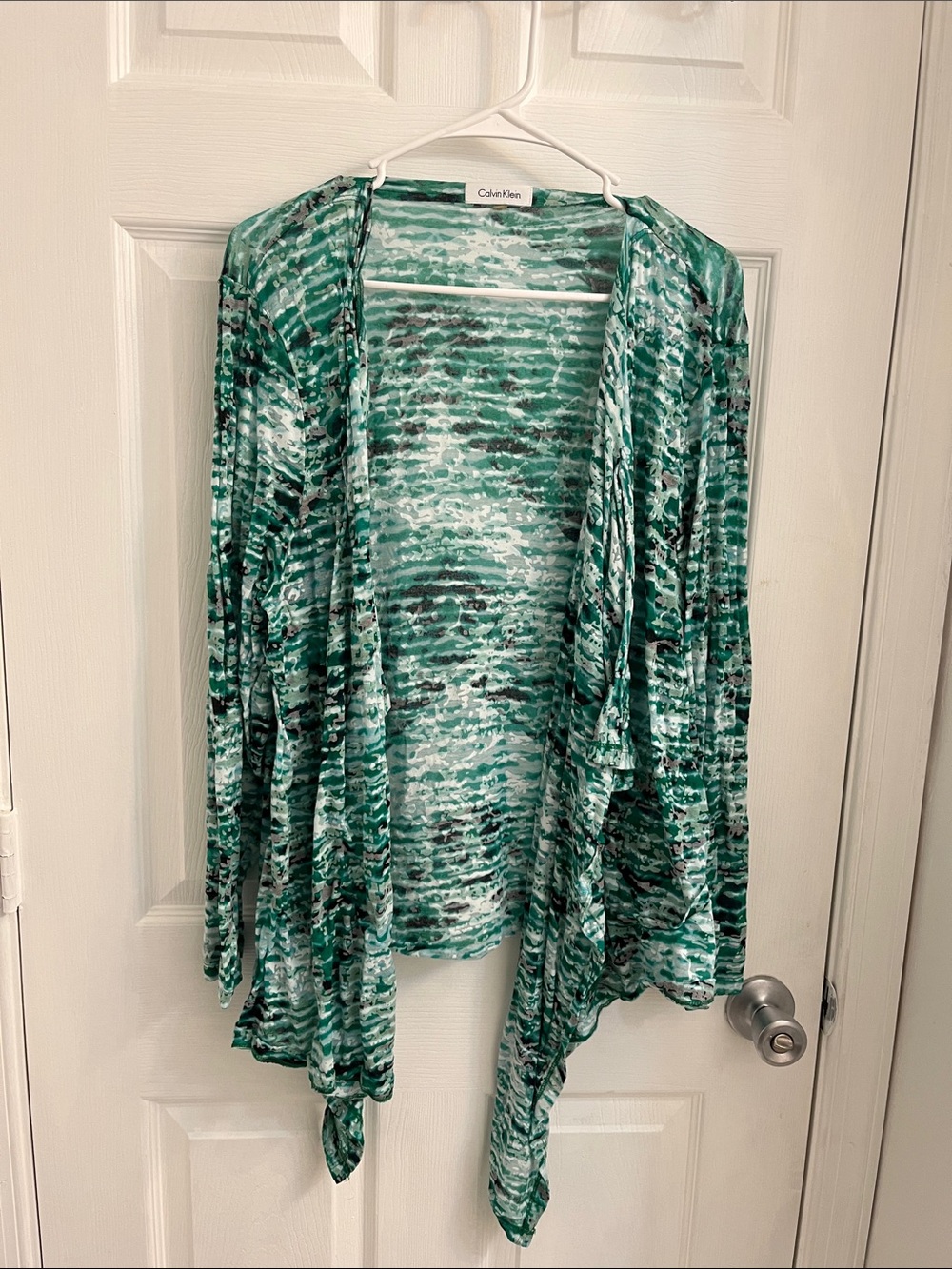 Calvin Klein Teal and White Patterned Open-Front Cardigan